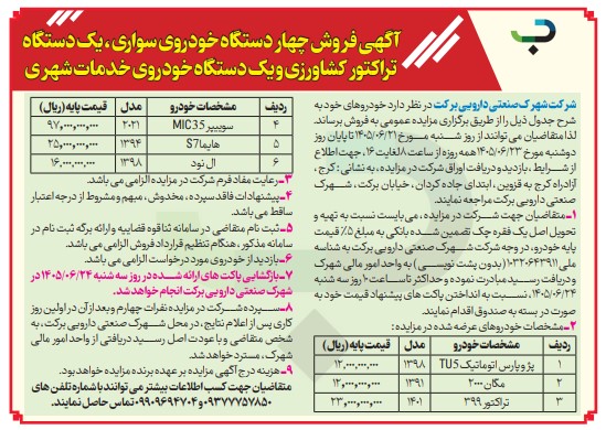 اطلاعیه تمدید مهلت شرکت در مزایده فروش خودرو و ماشین‌آلات